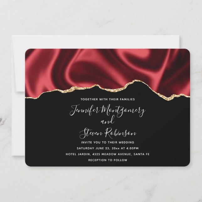 Dark Red Glam Wavy Satin Abstract Design Wedding Invitation (Front)
