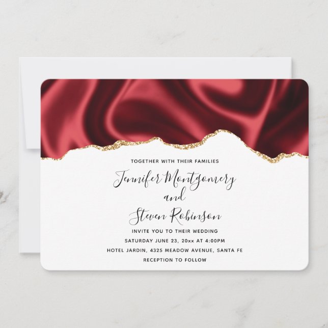 Dark Red Glam Wavy Satin Abstract Design Wedding Invitation (Front)