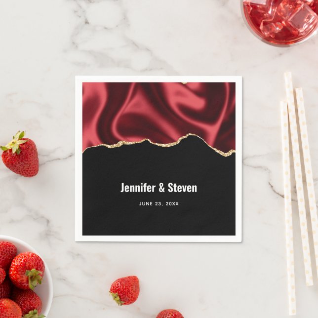Dark Red Glam Wavy Satin Abstract Design Wedding Napkin (Insitu)