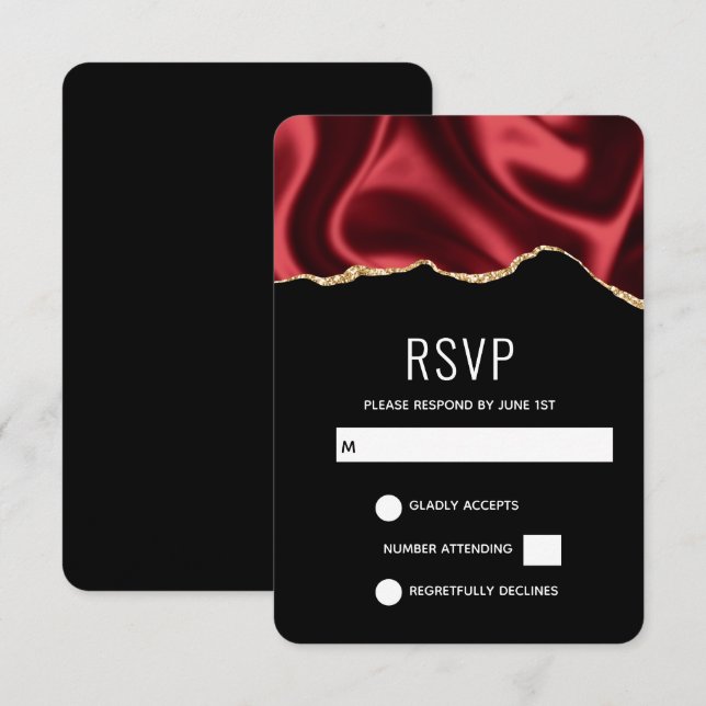 Dark Red Glam Wavy Satin Abstract Design Wedding RSVP Card (Front/Back)