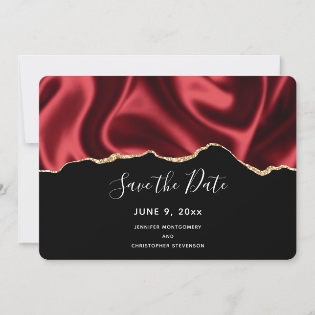 Dark Red Glam Wavy Satin Abstract Design Wedding Save The Date (Front)