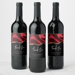 Dark Red Glam Wavy Satin Abstract Design Wedding Wine Label