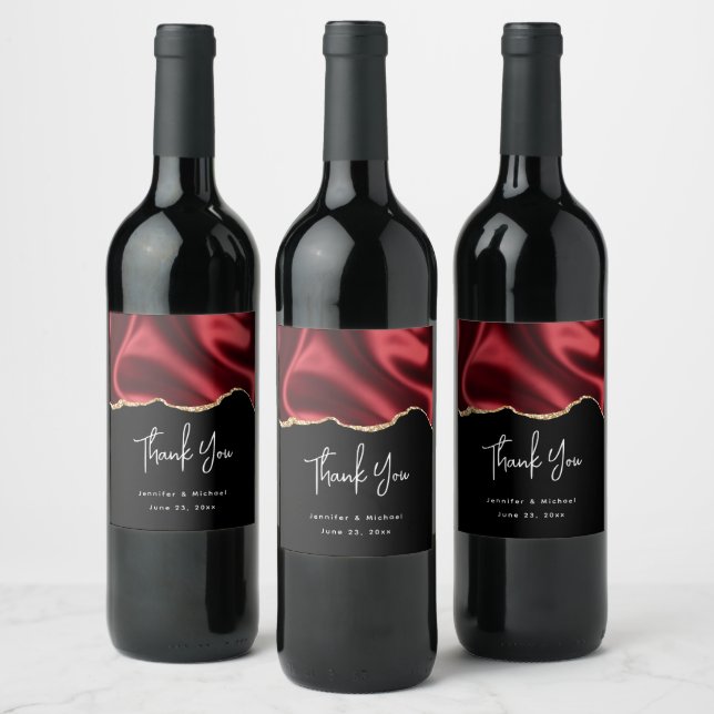 Dark Red Glam Wavy Satin Abstract Design Wedding Wine Label (Bottles)