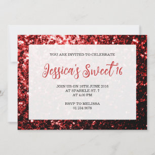 Dark red glitter sparkles Sweet 16 elegant script Invitation