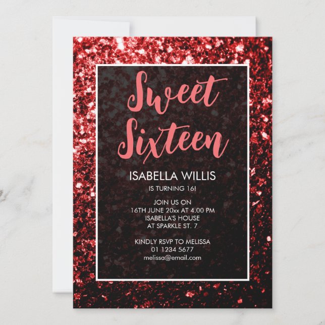 Dark red glitter sparkles Sweet 16 elegant script Invitation (Front)