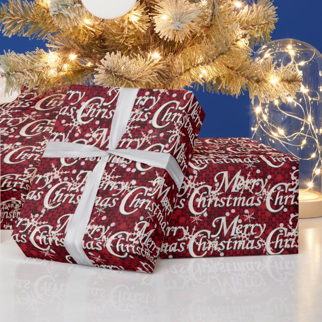 Dark Red Glittery Confetti Merry Christmas Wrapping Paper (Holidays)