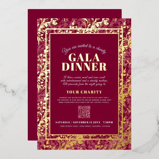Dark red gold botanical pattern gala dinner event (Front/Back)