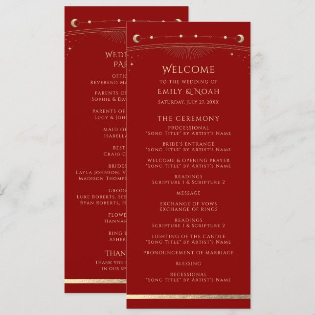 Dark Red Gold Celestial Sun Moon Wedding Program (Front/Back)
