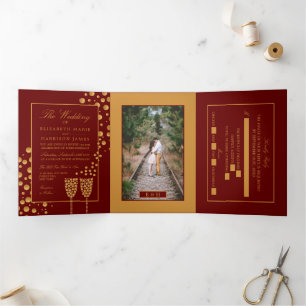 Dark Red & Gold Champagne Bubbles, Wedding Suite Tri-Fold Invitation