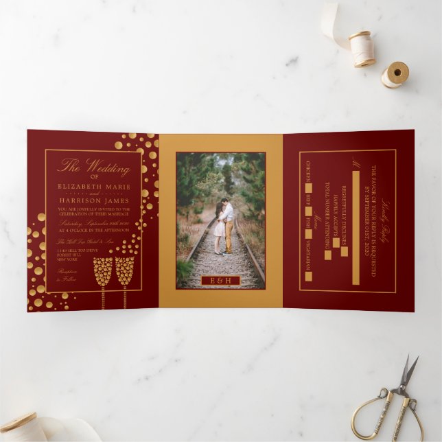 Dark Red & Gold Champagne Bubbles, Wedding Suite Tri-Fold Invitation (Inside)
