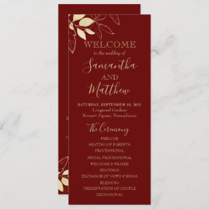 Dark Red & Gold Foliage Botanical Wedding Program
