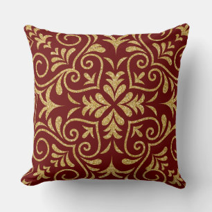 Dark Red & Gold Glitter Floral Moroccan Motive Throw Pillow