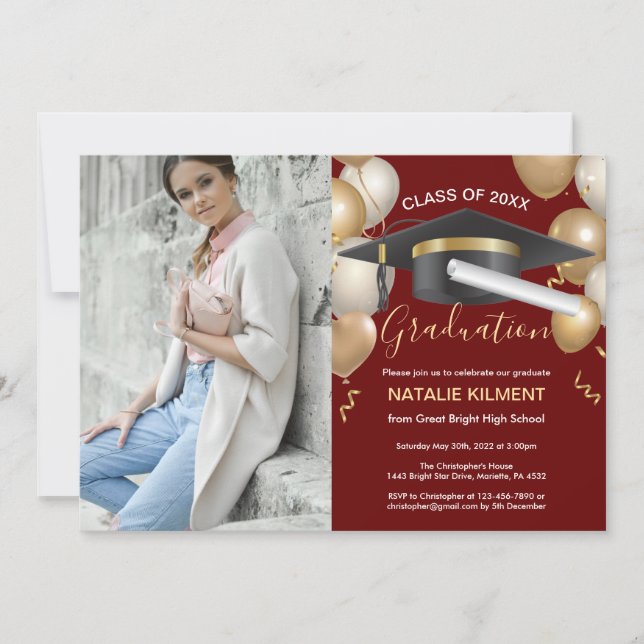 Dark Red Gold Graduate Cap Graduation Party Photo Invitation (Front)
