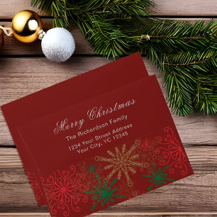 Dark Red Gold Green Snowflake Border Christmas Envelope