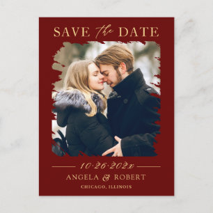 Dark Red Gold Luxury Photo Frame Save the Date Postcard