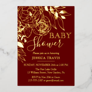 Dark Red & Gold Modern Floral Baby Shower