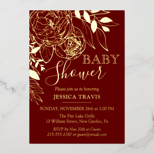 Dark Red & Gold Modern Floral Baby Shower (Front)