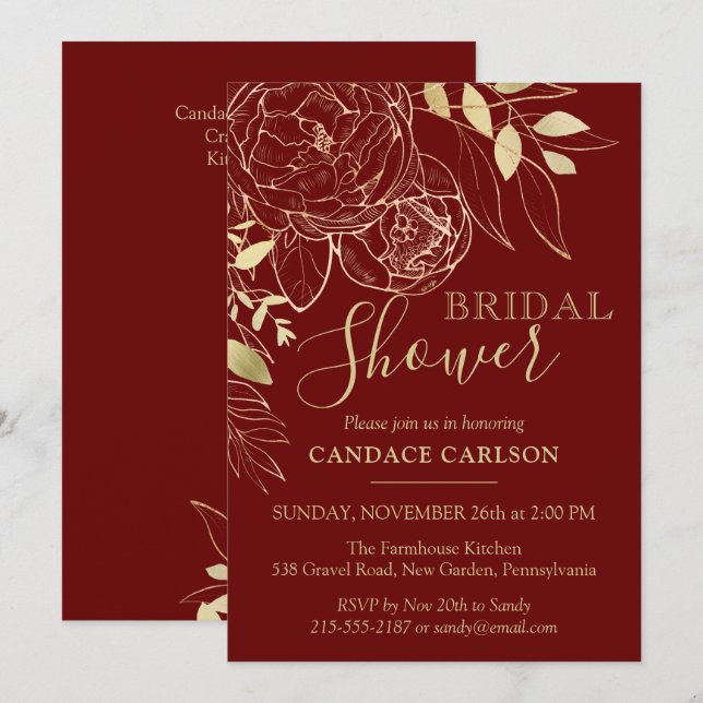 Dark Red & Gold Peony Modern Floral Bridal Shower Invitation (Front/Back)