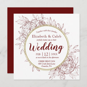 Dark Red & Gold Peony Modern Floral Toile Wedding Invitation