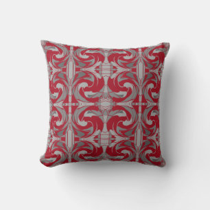 Dark Red Gray Charcoal Ornate Swirling Small Tiles Throw Pillow