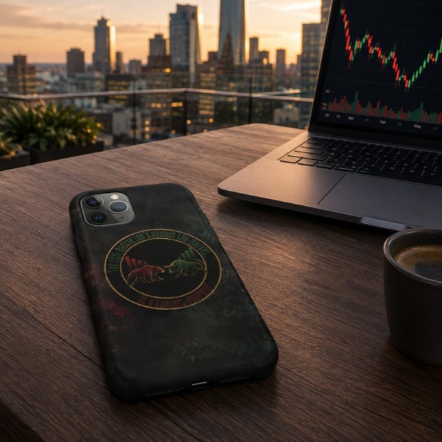Dark Red Green Bull Bear Mindset Trader Design Case-Mate iPhone Case (Product shown in an AI-assisted illustrative lifestyle setting.)