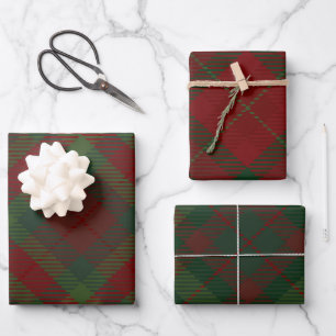 DARK RED & GREEN HOLIDAY CHRISTMAS PLAID PATTERN WRAPPING PAPER SHEET