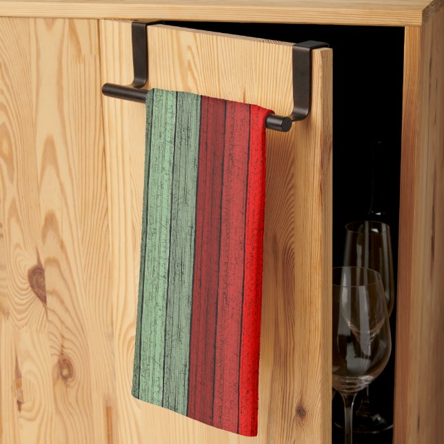 Dark Red Green Weathered Wooden Planks Pattern Kitchen Towel (Thirds Fold)