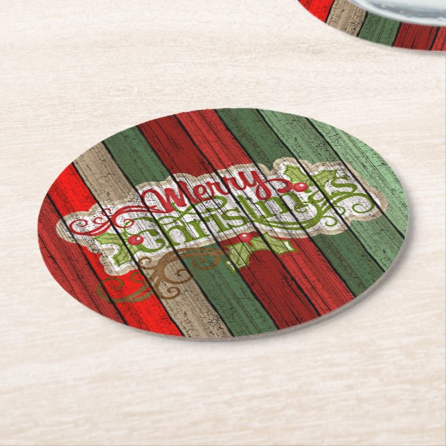 Dark Red Green Weathered Wooden Planks Pattern Round Paper Coaster (Angled)