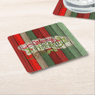 Dark Red Green Weathered Wooden Planks Pattern Square Paper Coaster
