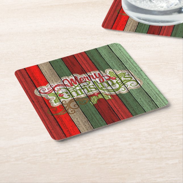 Dark Red Green Weathered Wooden Planks Pattern Square Paper Coaster (Angled)