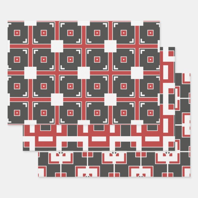 Dark Red Grey and White Mosaic Geometric Patterns Wrapping Paper Sheet (Set)