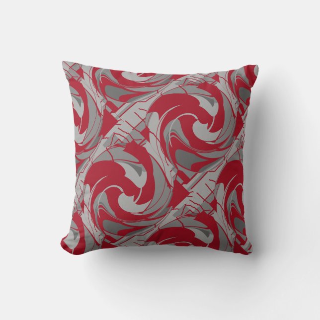 Dark Red Grey Charcoal Diagonal Swirling Abstract Throw Pillow (Front)