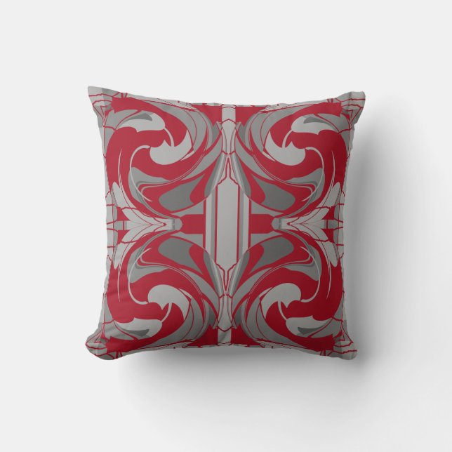 Dark Red Grey Charcoal Ornate Swirling Large Tiles Throw Pillow (Front)