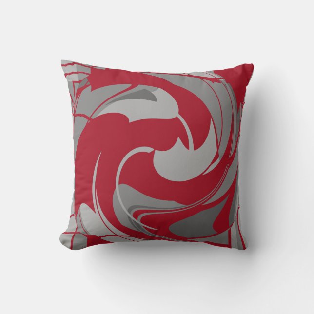 Dark Red Grey Charcoal Swirling Abstract Flower Throw Pillow (Front)