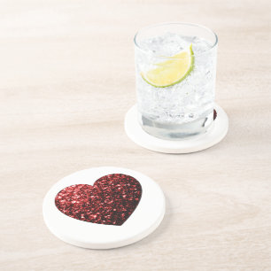 Dark red heart faux glitter sparkles coaster