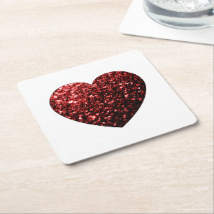 Dark red heart faux glitter sparkles square paper coaster