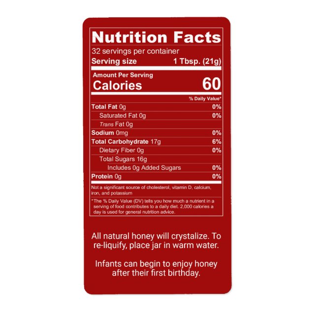Dark Red Honey Nutrition Facts + Infant Warning (Front)