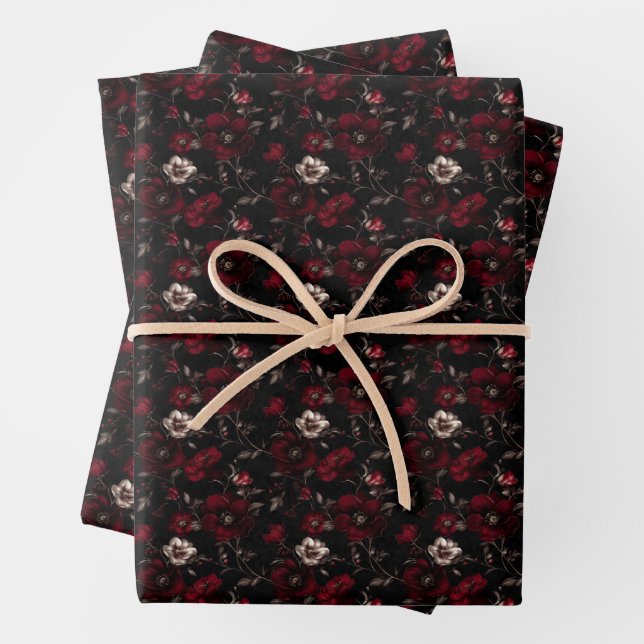 Dark Red & Ivory Flowers on Black Wrapping Paper Sheet (In situ)