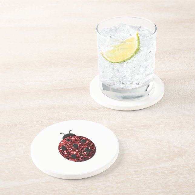 Dark red ladybug faux glitter sparkles coaster (Side)