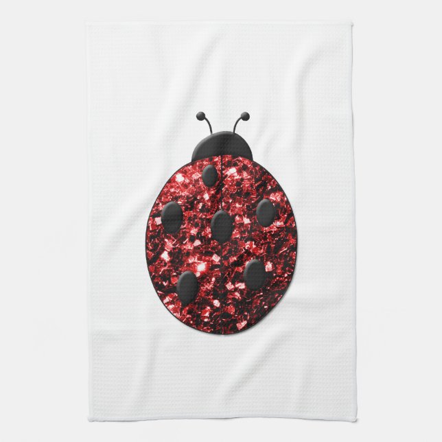 Dark red ladybug faux glitter sparkles kitchen towel (Vertical)