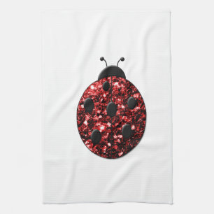 Dark red ladybug faux glitter sparkles kitchen towel