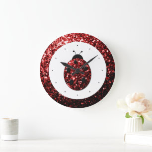 Dark red ladybug faux glitter sparkles large clock