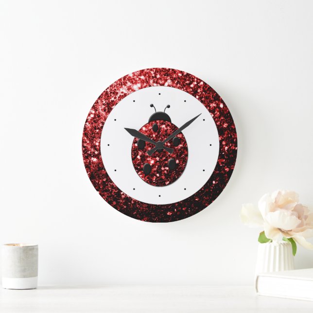 Dark red ladybug faux glitter sparkles large clock (Home)