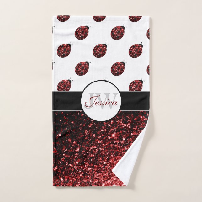 Dark red ladybug faux glitter sparkles Monogram Bath Towel Set (Hand Towel)