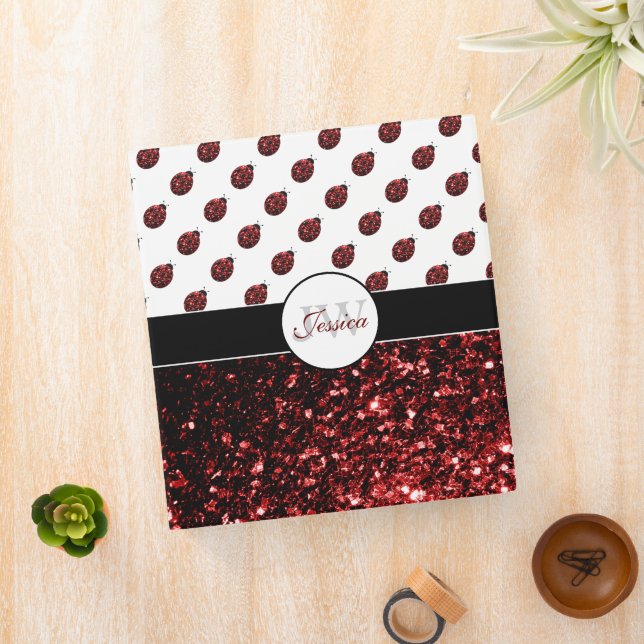 Dark red ladybug faux glitter sparkles Monogram Binder (In Situ)