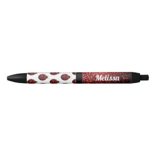 Dark red ladybug faux glitter sparkles Monogram Black Ink Pen
