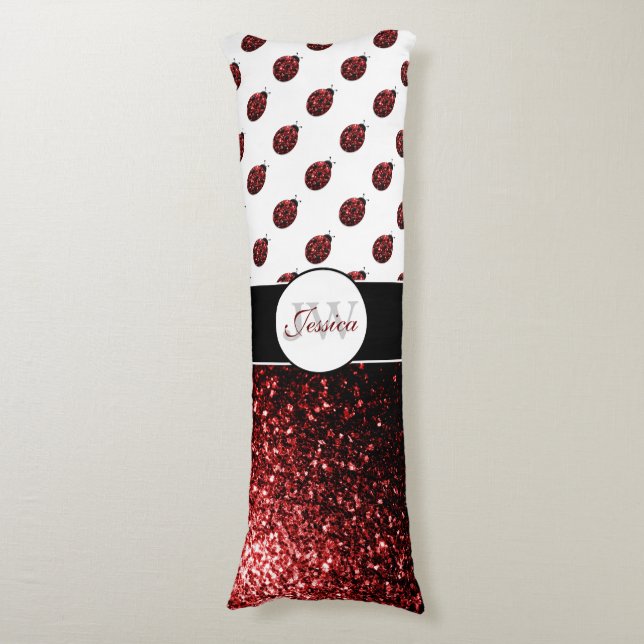 Dark red ladybug faux glitter sparkles Monogram Body Pillow (Front Vertical)