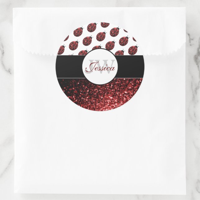 Dark red ladybug faux glitter sparkles Monogram Classic Round Sticker (Bag)