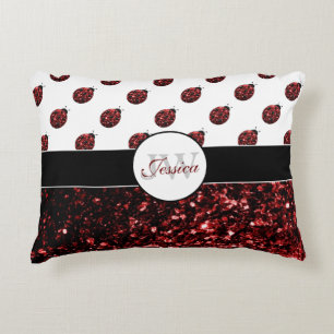 Dark red ladybug faux glitter sparkles Monogram Decorative Pillow