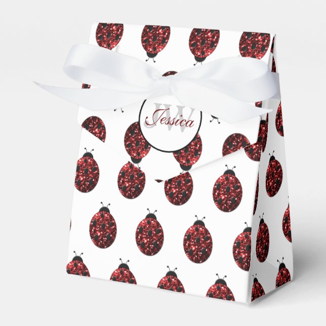 Dark red ladybug faux glitter sparkles Monogram Favor Box (Front Side)